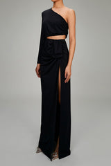 Asymmetrical One Shoulder Cut Out Ruched Draped Split Evening Maxi Dress