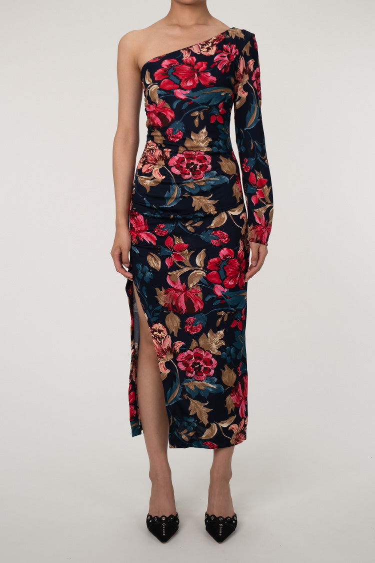 Asymmetrical One Shoulder Ruched Split Floral Print Cocktail Midi Dress