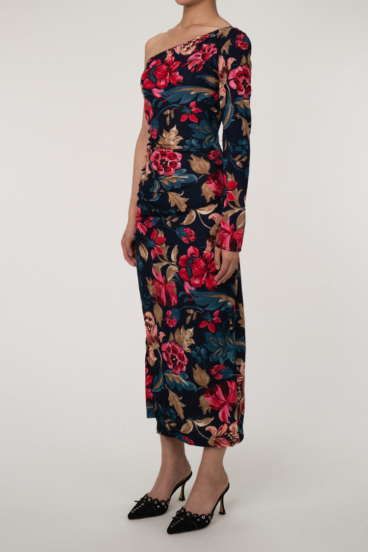 Asymmetrical One Shoulder Ruched Split Floral Print Cocktail Midi Dress