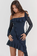 Asymmetrical Ruffle Tie Strap Long Sleeve Sheer Mesh Party Mini Dress - Navy Blue