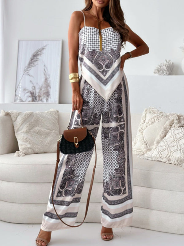 Fashion Printed Look-Younger Straps Vest Top & Casual Pants Bottoms Two Pieces Set