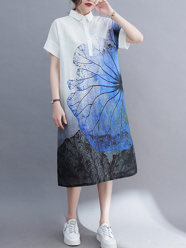 Artistic Retro Floral Printed Buttoned Lapel Collar Short Sleeves Midi Shirt Dress