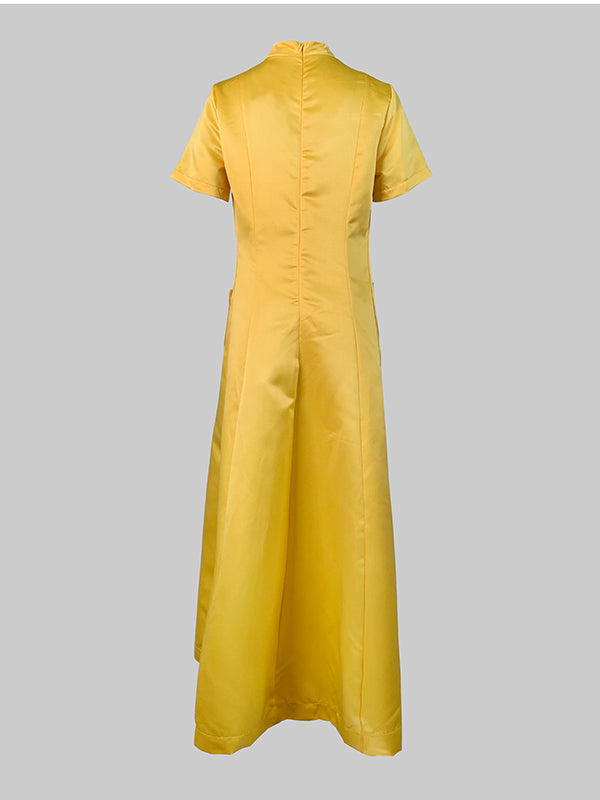 Short Sleeves Pockets Solid Color Split-Joint Round-Neck Maxi Dresses