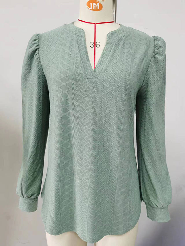 Long Sleeves Loose Jacquard Solid Color V-neck T-Shirts Tops