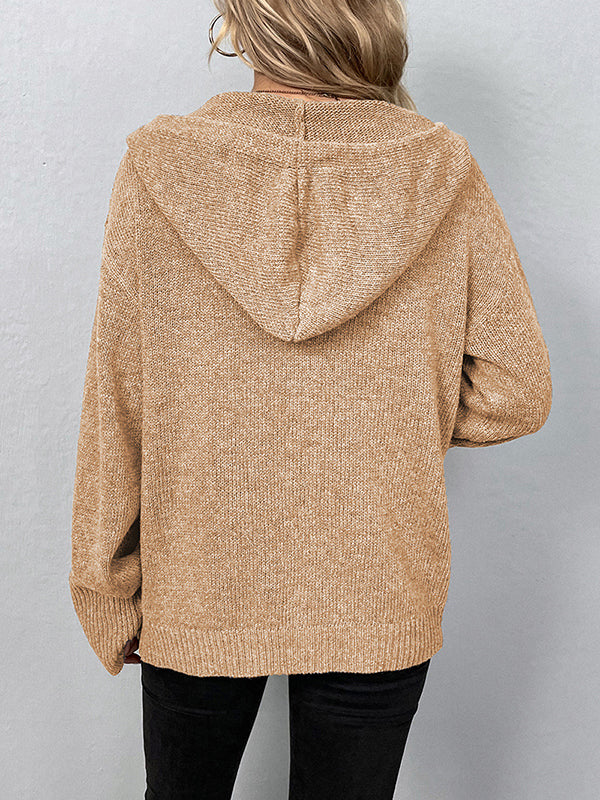 Wrap Buttoned Hooded Solid Color Cardigan