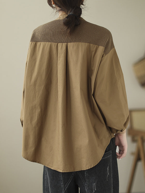 Long Sleeves Loose Asymmetric Buttoned Pockets Split-Joint Round-Neck Blouses&Shirts Tops