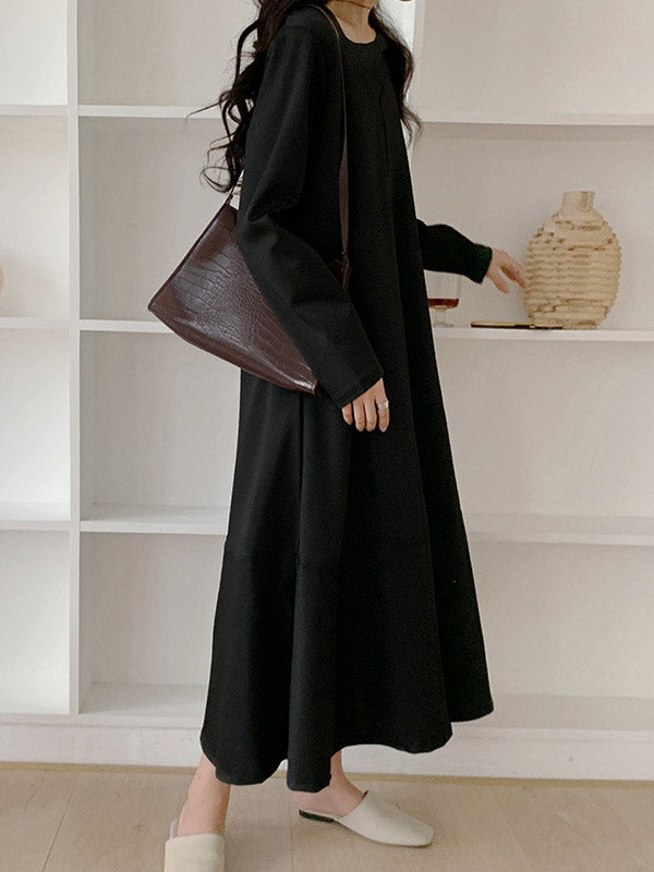 A-Line Long Sleeves Hollow Solid Color V-Neck Midi Dresses