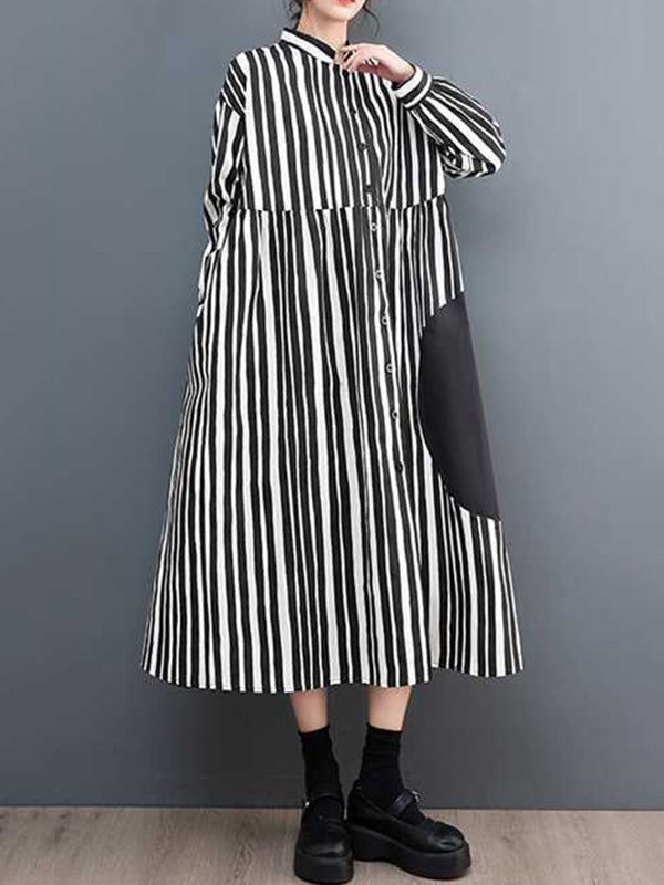 Long Sleeves Loose Buttoned Split-Joint Striped Mock Neck Midi Dresses