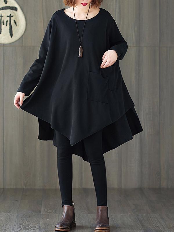 Loose Black Cropped Solid Long Sleeve T-Shirt