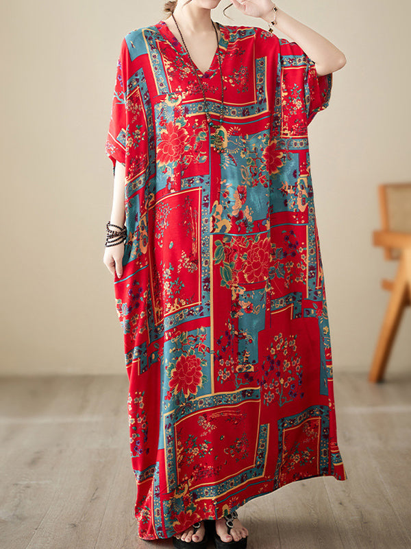 Loose Short Sleeves Floral Printed Multi-Colored V-Neck Maxi Dresses