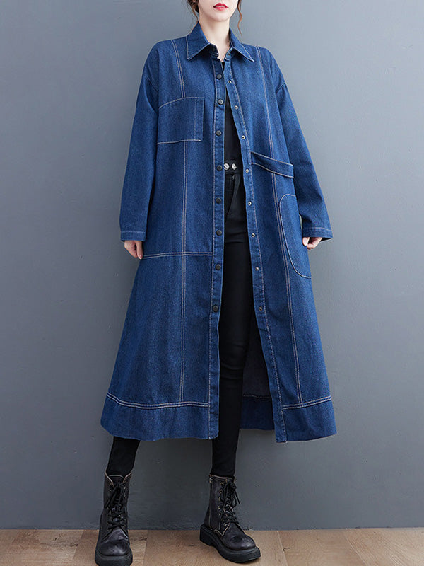 Casual Loose Long Sleeves Buttoned Lapel Collar Denim Trench Coats