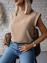 Cap Sleeve Loose Hollow Solid Color Mock Neck T-Shirts Tops