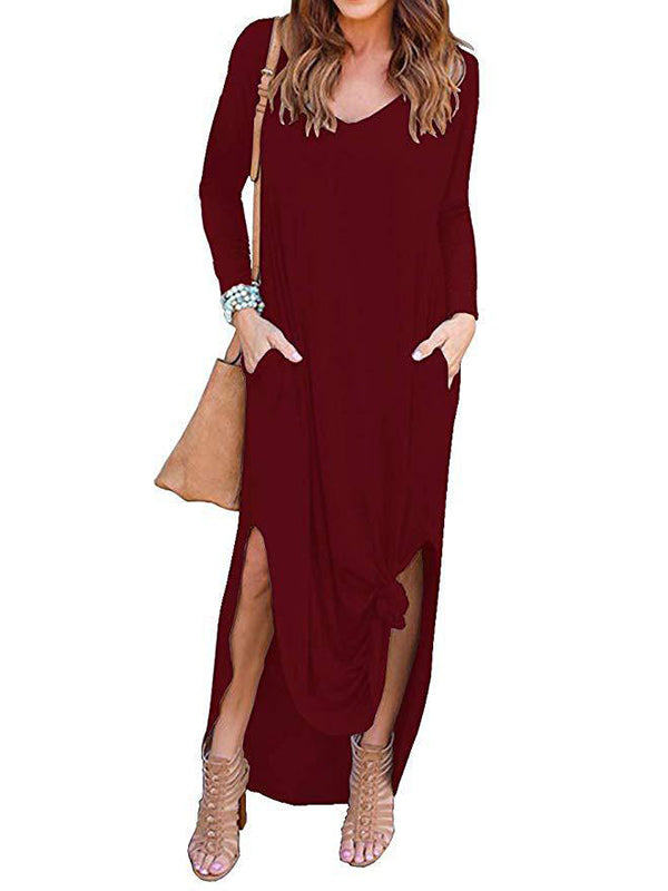 Long Sleeves Loose Solid Color Split-Side V-Neck Maxi Dresses