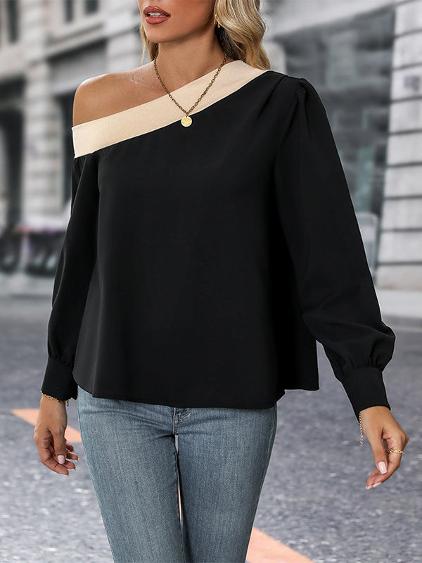 Long Sleeves Loose Asymmetric Contrast Color Pleated Split-Joint One-Shoulder Blouses&Shirts Tops