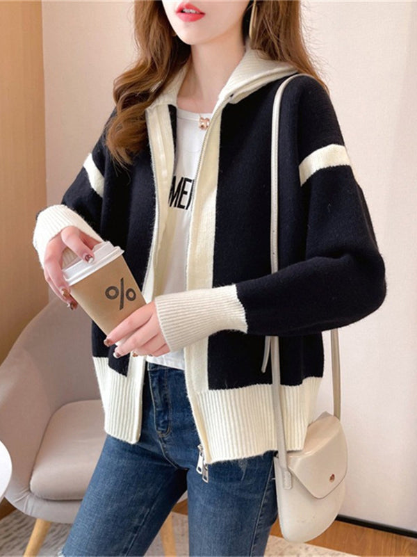 Casual Long Sleeves Contrast Color Zipper Stand Collar Cardigan Tops