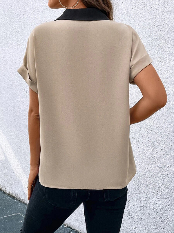 Loose Short Sleeves Contrast Color V-Neck T-Shirts Tops