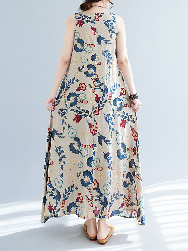 Loose Sleeveless Floral Printed Round-Neck Maxi Dresses