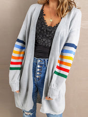 Long Sleeves Loose Colorful Contrast Color Striped Collarless Cardigan Tops