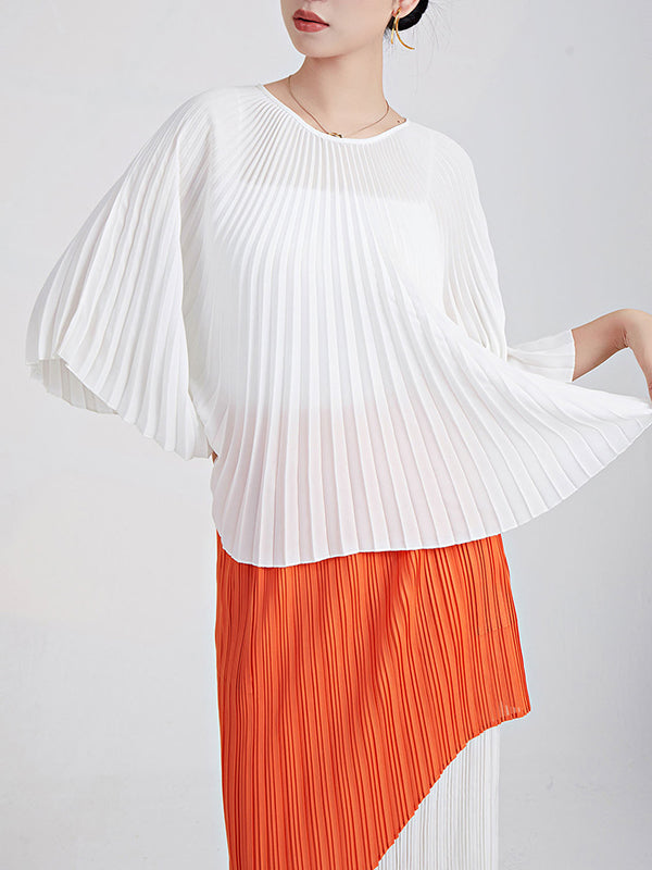 Batwing Sleeves Loose Pleated Solid Color Round-Neck T-Shirts Tops