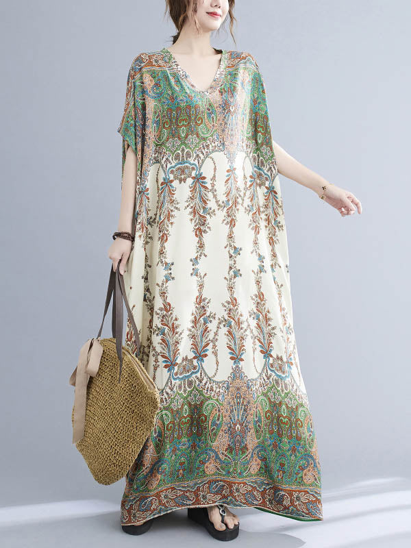 Vintage Floral Printed V-Neck Batwing Sleeves H-Line Maxi Dress