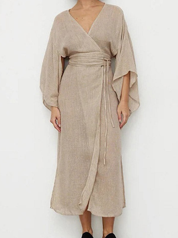 Loose Three-Quarter Sleeves See-Through Solid Color Split-Side Tied Waist V-Neck Midi Dresses