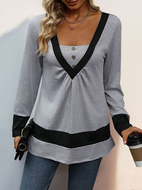 Long Sleeves Loose Buttoned Contrast Color Pleated Split-Joint V-Neck T-Shirts Tops