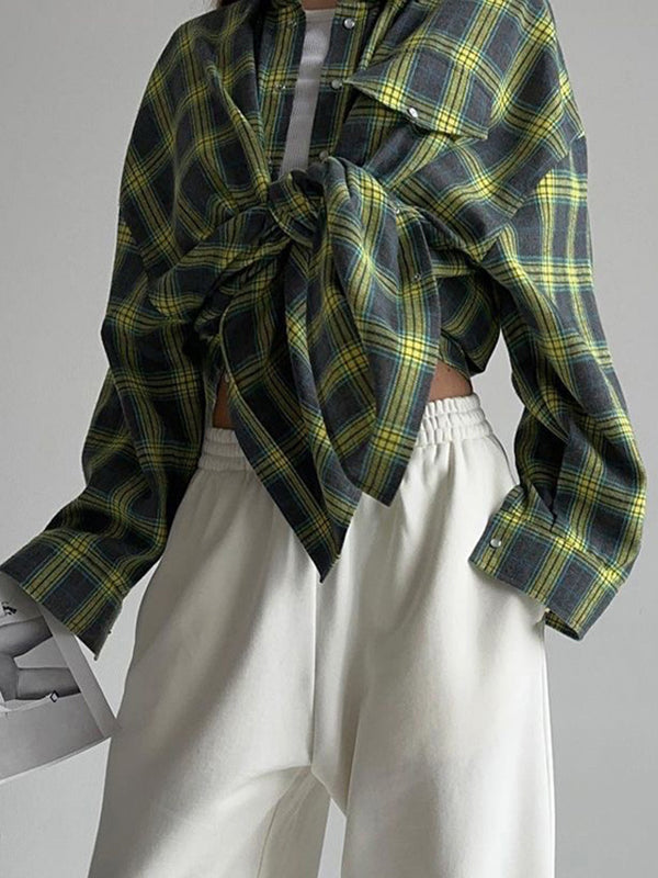 Long Sleeves Loose Buttoned Plaid Pockets Split-Joint Lapel Blouses&shirts Tops