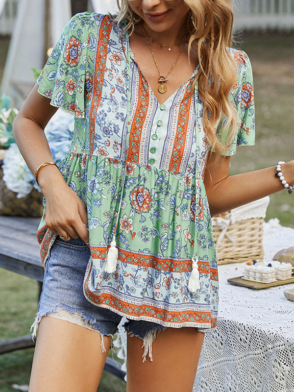 Loose Short Sleeves Buttoned Flower Print Split-Joint Tasseled Tied V-Neck T-Shirts Tops