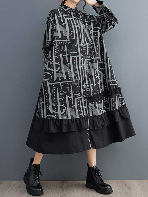 A-Line Long Sleeves Asymmetric Buttoned Printed Split-Joint Lapel Midi Dresses