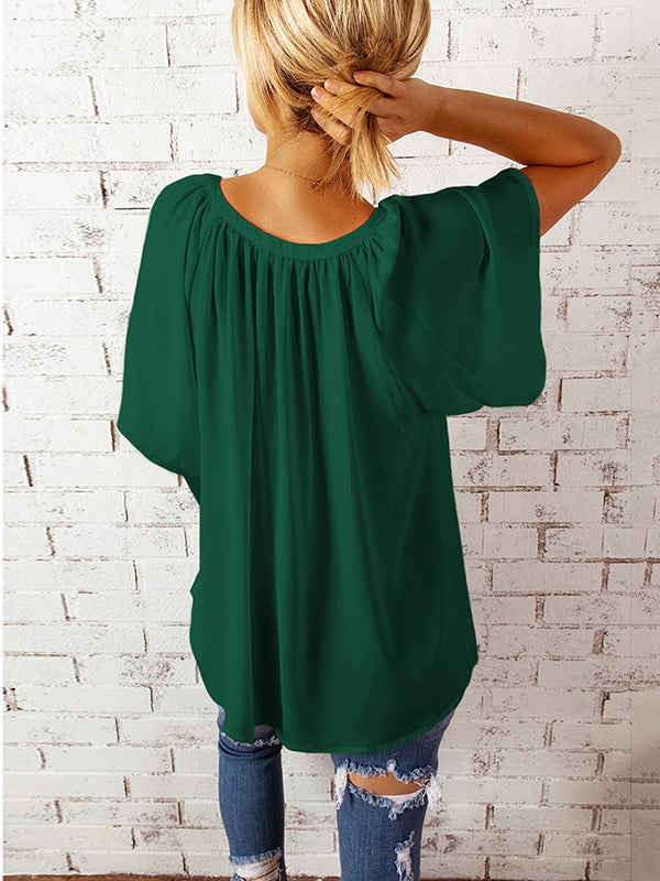 Simple Casual Solid Color Loose Pleated Half Sleeves T-Shirt Top