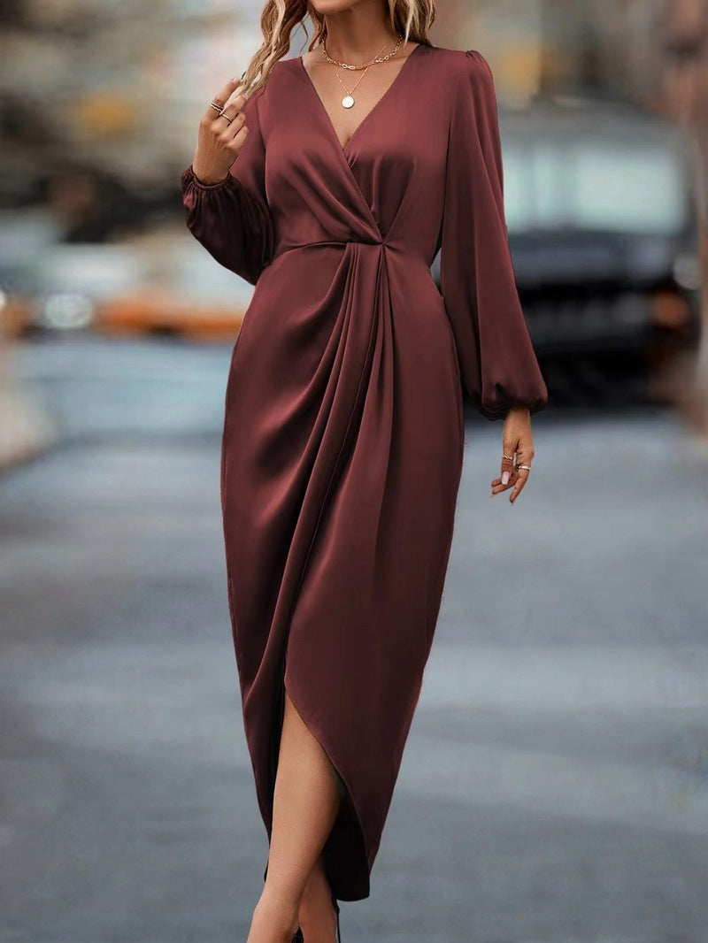 Elegant Wine Red Draped V-Neck Midi Dress