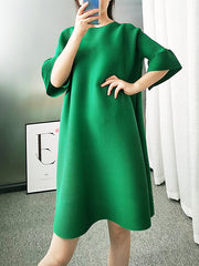 Stylish Selection Flared Sleeves A-Line Pleated Solid Color Round-Neck Midi Dresses