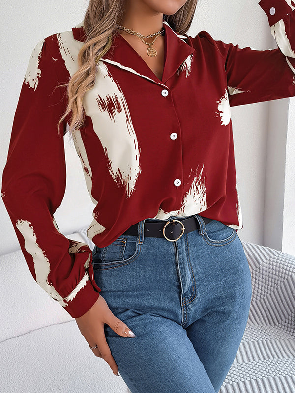 Long Sleeves Loose Buttoned Printed Notched Collar Blouses&Shirts Tops