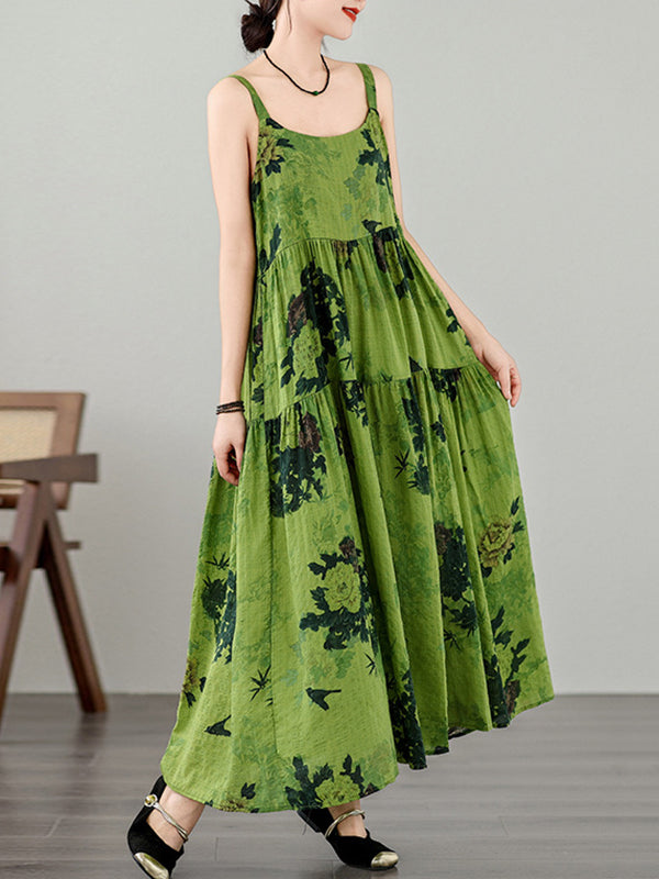 Loose Sleeveless Pleated Printed Split-Joint Spaghetti-Neck Maxi Dresses