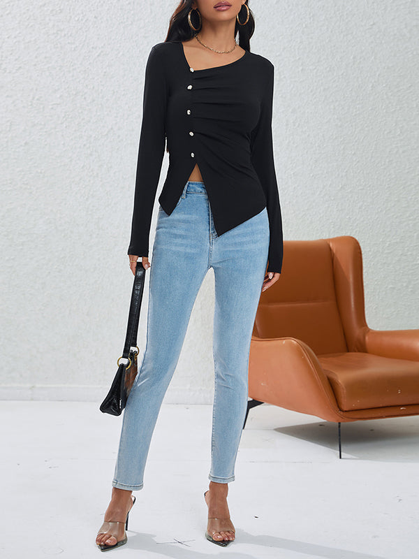 Long Sleeves Skinny Asymmetric Buttoned Pleated Asymmetric Collar T-Shirts Tops