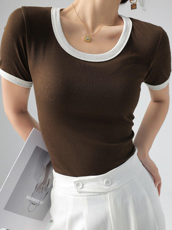 Short Sleeves Skinny Contrast Color Round-Neck T-Shirts