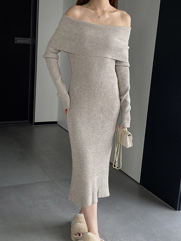 Bodycon Long Sleeves Solid Color Off-The-Shoulder Midi Dresses