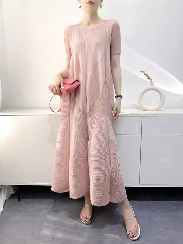 Loose Short Sleeves Pleated Solid Color Split-Joint V-Neck Midi Dresses