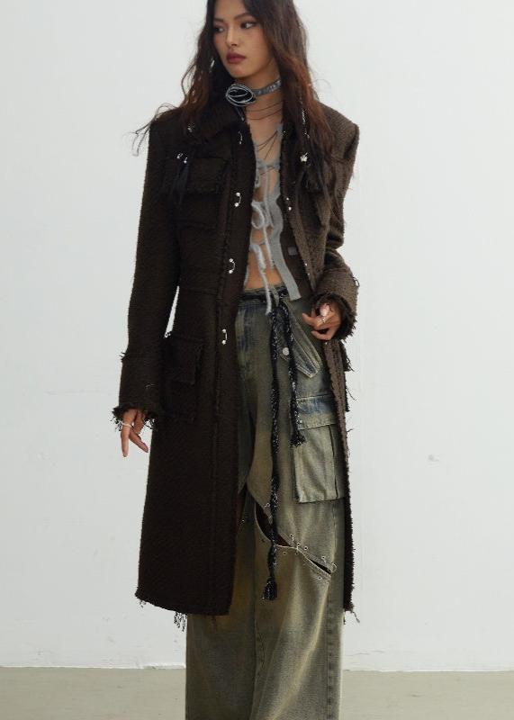 Fringed Textured Woolen Long Coat