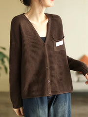 6 Colors Urban Split-Joint Solid Color V-Neck Cardigan Top