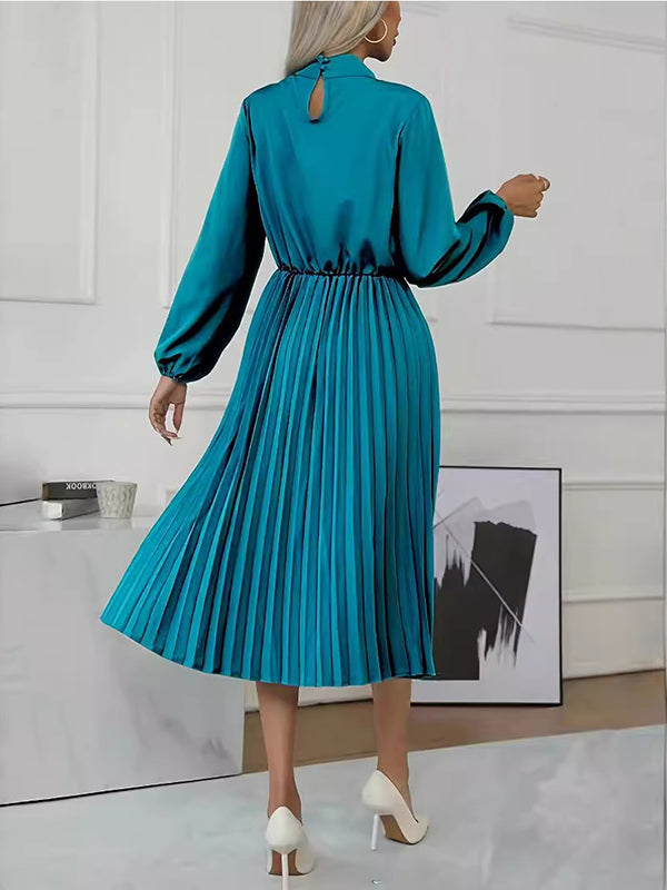 Long Sleeves Loose Buttoned Elasticity Hollow No Belt Pleated Solid Color High Neck Midi Dresses