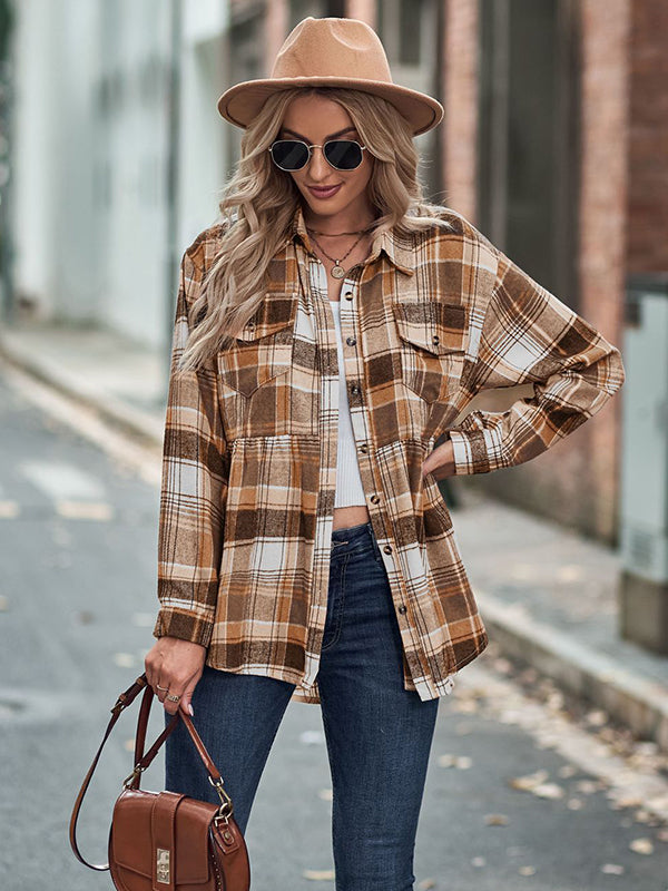 Vintage Loose Checkered Lapel Blouses&Shirts Tops