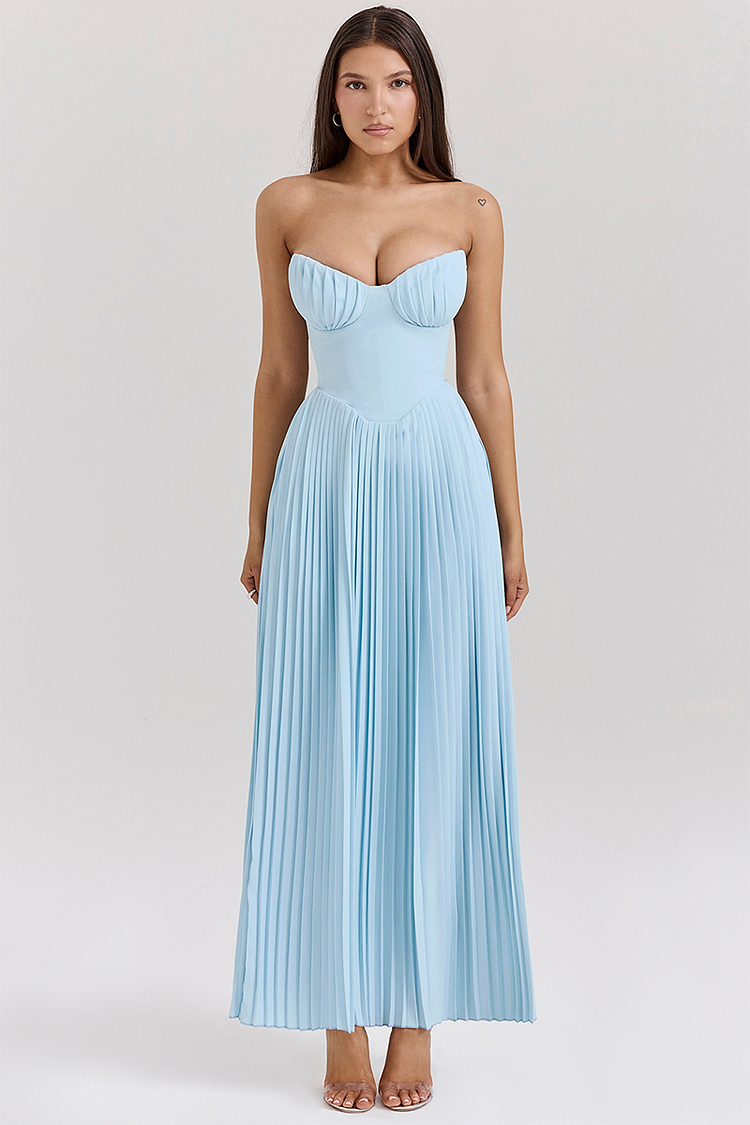 Strapless Cinch Waist Pleated Maxi Dresses-Blue [Pre Order]