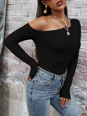 Long Sleeves Skinny Solid Color One-Shoulder T-Shirts Tops