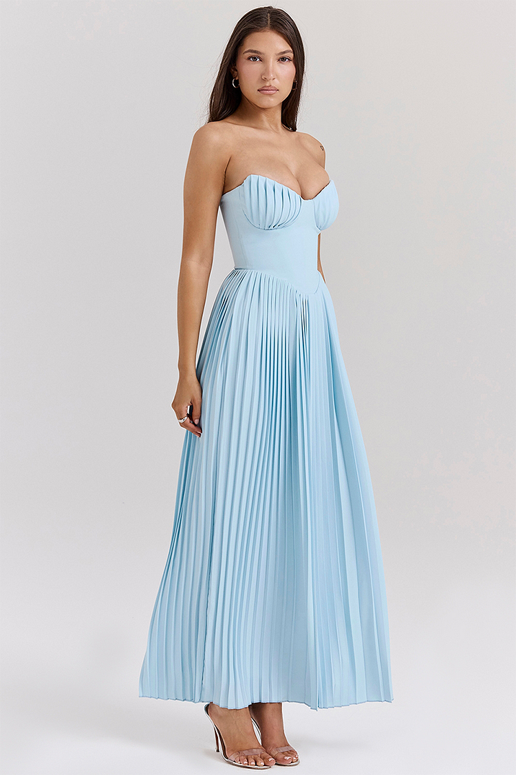 Strapless Cinch Waist Pleated Maxi Dresses-Blue [Pre Order]