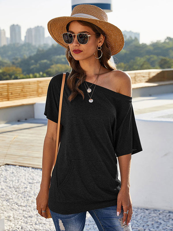 Simple Short Sleeves Loose Solid Color One-Shoulder T-Shirts Tops