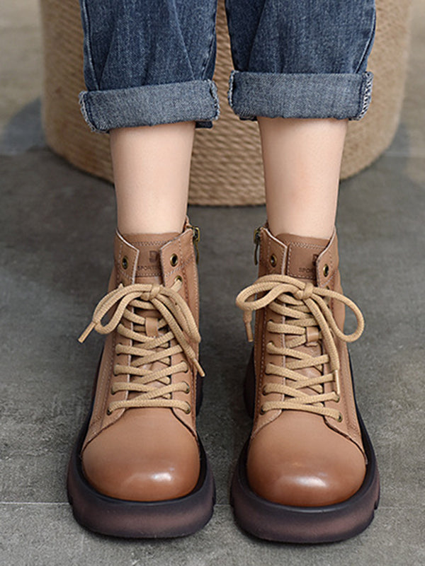 Cow Leather Lace-Up Zipper Martin Booties