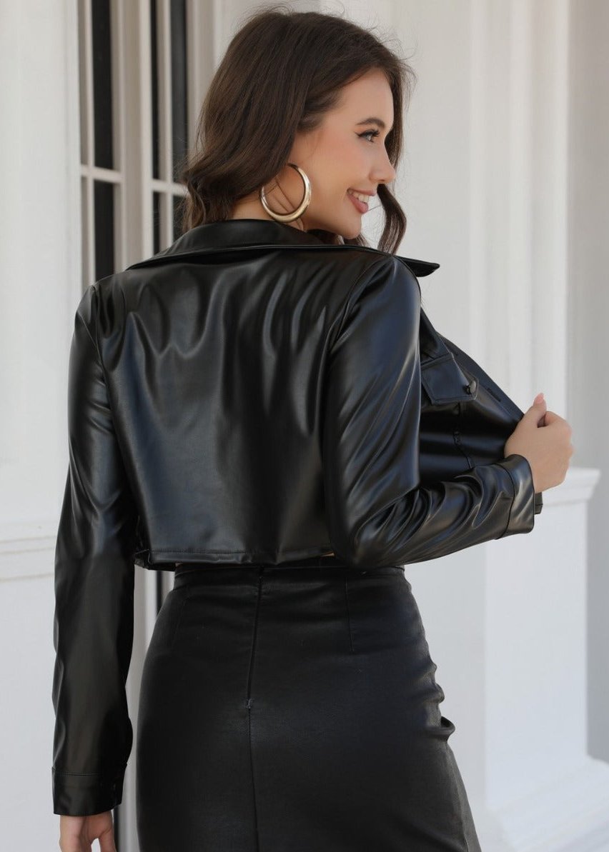 Glossy Cropped PU Leather Jacket with Chain Belt Detail