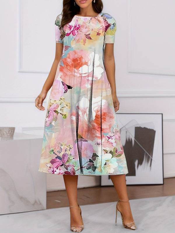 A-Line Loose Flower Print Pockets Round-Neck Midi Dresses