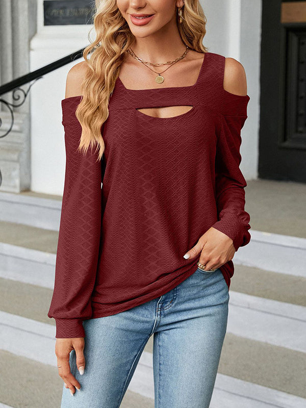 Long Sleeves Loose Hollow Jacquard Solid Color U-Neck T-Shirts Tops